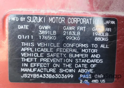 2011 Suzuki Sx4 z USA, uszkodzony, nr VIN JS2YB5A33B6303699